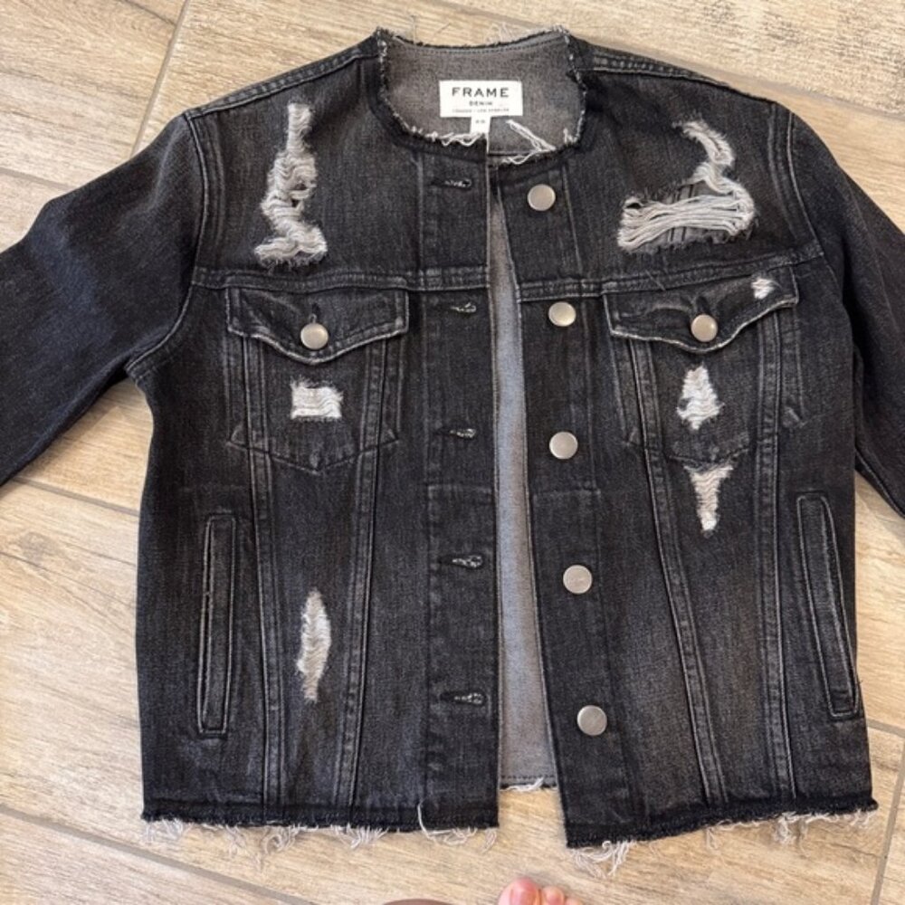 Frame Distressed Black Denim Jacket